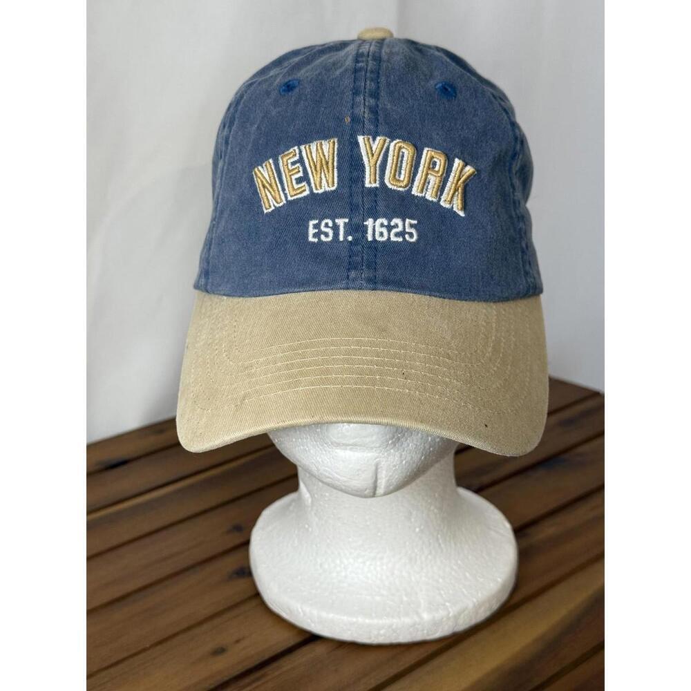 Vintage New York City Hat Cap Strap Back Blue Tan Embroidered Mens NYC Est 1625